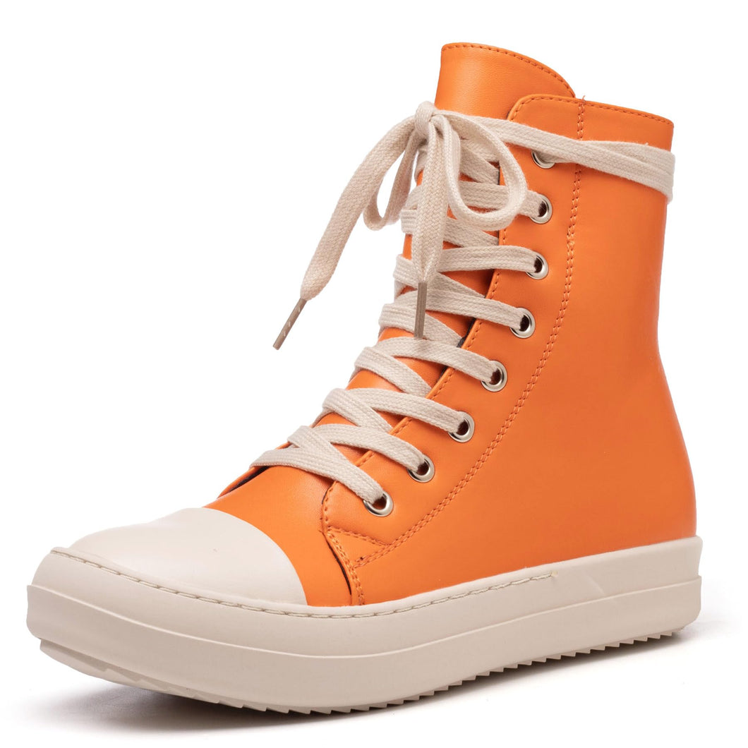 Orange Lace Up Hi Top Casual PU Leather Shoes-Plus Size Dream Girl