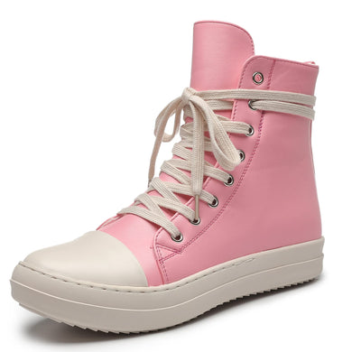 Pink Lace Up Hi Top Casual PU Leather Shoes-Plus Size Dream Girl