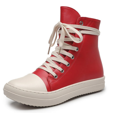 Red Lace Up Hi Top Casual PU Leather Shoes-Plus Size Dream Girl