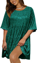 Load image into Gallery viewer, Babydoll Sparkling Emerald Green Loose Fit Mini Dress-Plus Size Dream Girl
