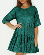 Load image into Gallery viewer, Babydoll Sparkling Emerald Green Loose Fit Mini Dress-Plus Size Dream Girl
