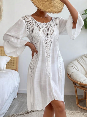 White Crochet Bell Sleeve Cover Up Dress-Plus Size Dream Girl