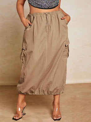 Plus Size Drawstring Cargo Style Khaki Maxi Skirt-Plus Size Dream Girl