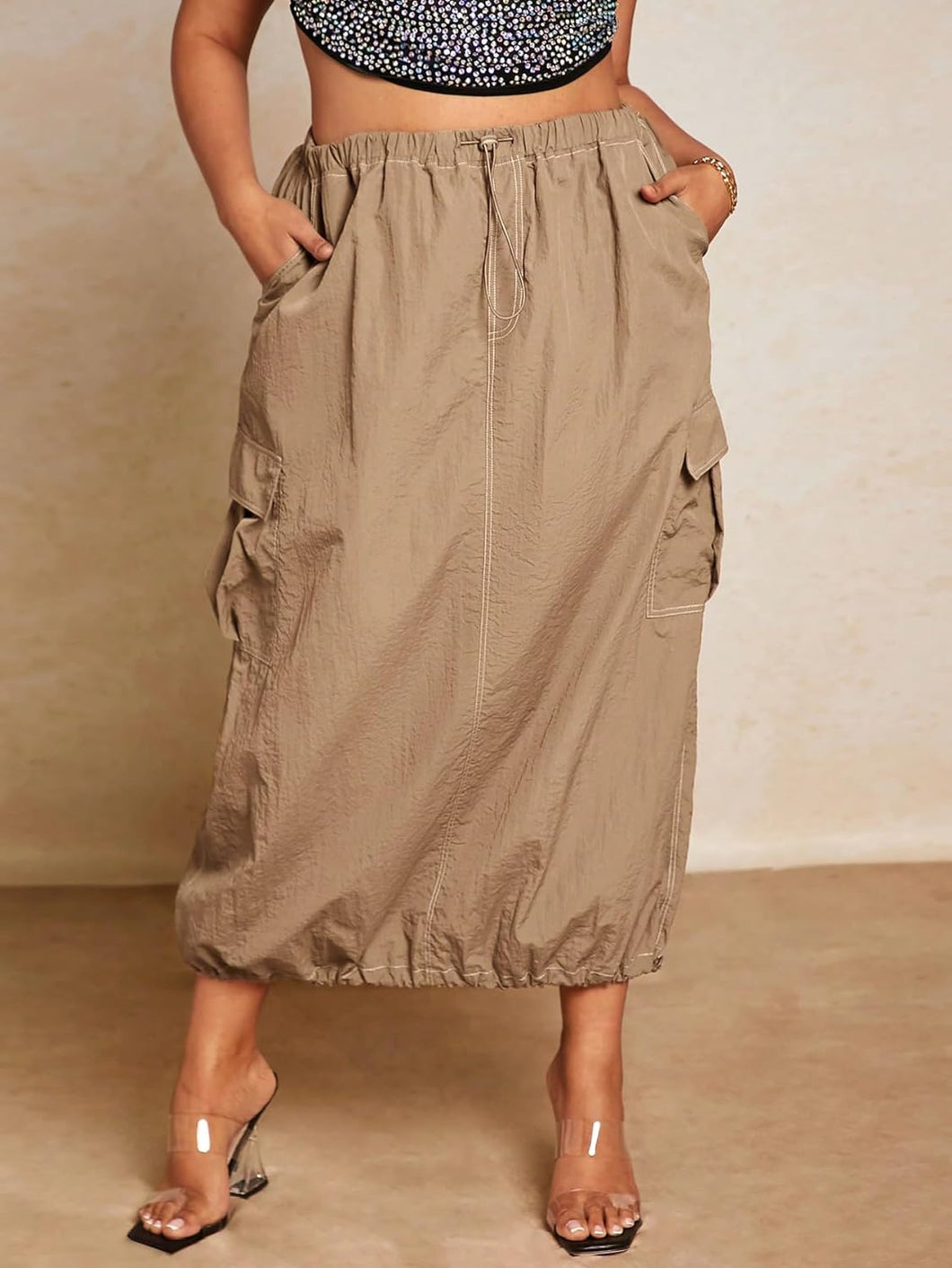 Plus Size Drawstring Cargo Style Khaki Maxi Skirt-Plus Size Dream Girl