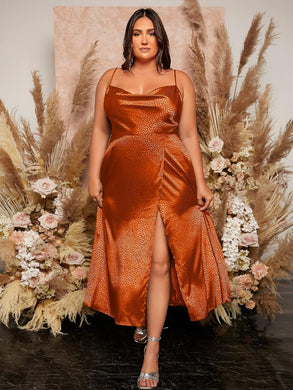 Plus Size Burnt Orange Knit Satin Sleeveless Maxi Dress-Plus Size Dream Girl