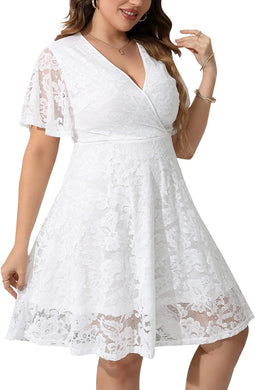 Plus Size White V Neck Lace Ruffle Sleeve Dress-Plus Size Dream Girl