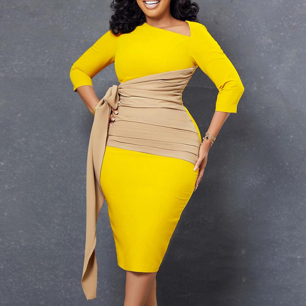 Plus Size Vintage Style Yellow Wrap Shawl Long Sleeve Midi Dress-Plus Size Dream Girl