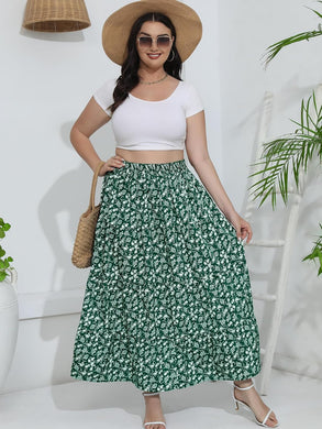 Plus Size Green Elastic Floral Boho Maxi Skirt-Plus Size Dream Girl