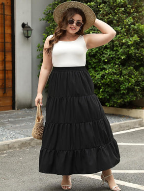 Plus Size Black Elastic Floral Boho Maxi Skirt-Plus Size Dream Girl