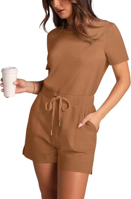 Summer Casual Brown Short Sleeve Romper-Plus Size Dream Girl