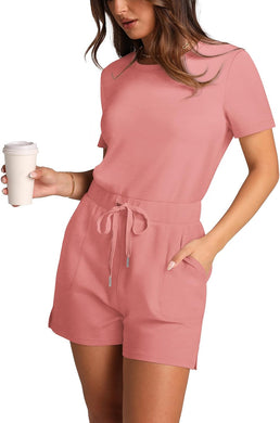 Summer Casual Coral Pink Short Sleeve Romper-Plus Size Dream Girl