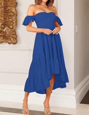 Blue Layered Hi Lo Off Shoulder Maxi Dress-Plus Size Dream Girl