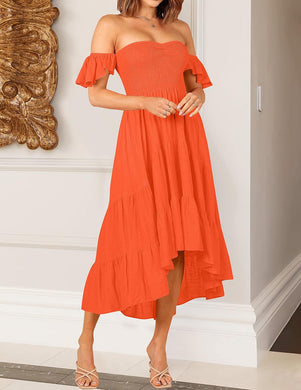 Orange Layered Hi Lo Off Shoulder Maxi Dress-Plus Size Dream Girl