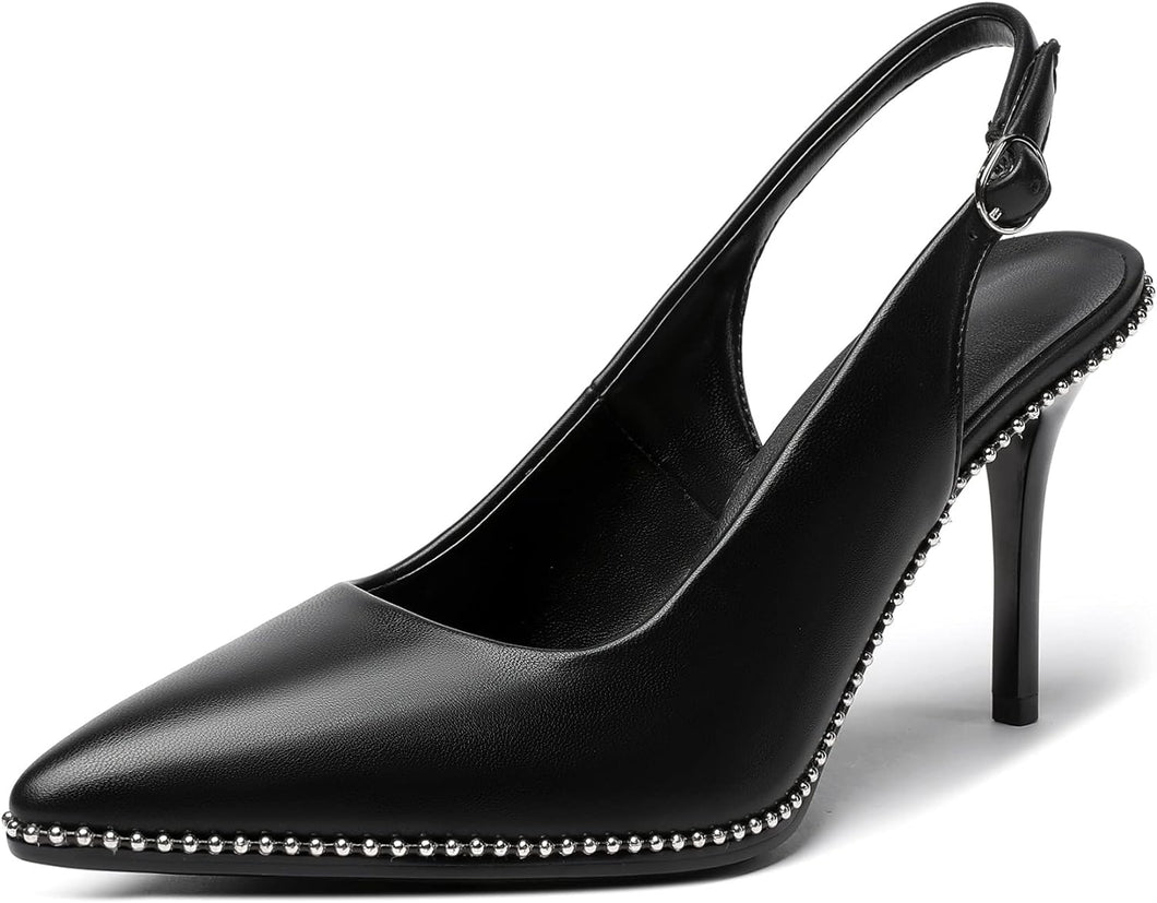 Black Slingback Pointed Toe Rhinestone Stiletto Ankle Strap Heels-Plus Size Dream Girl