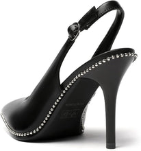 Load image into Gallery viewer, Black Slingback Pointed Toe Rhinestone Stiletto Ankle Strap Heels-Plus Size Dream Girl
