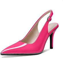 Load image into Gallery viewer, Hot Pink Slingback Pointed Toe Rhinestone Stiletto Ankle Strap Heels-Plus Size Dream Girl
