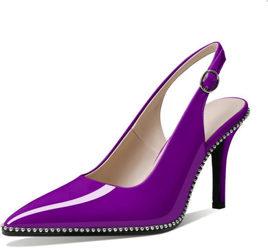 Purple Slingback Pointed Toe Rhinestone Stiletto Ankle Strap Heels-Plus Size Dream Girl