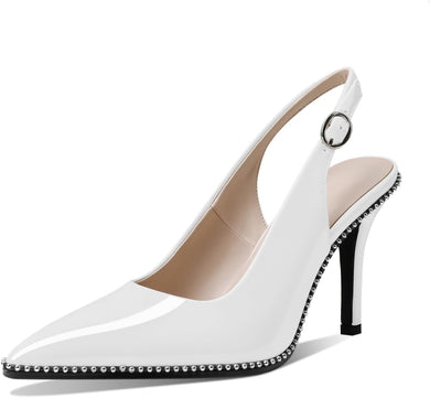 White Slingback Pointed Toe Rhinestone Stiletto Ankle Strap Heels-Plus Size Dream Girl