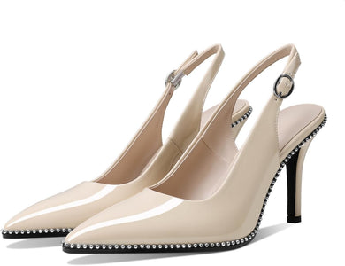 Beige Slingback Pointed Toe Rhinestone Stiletto Ankle Strap Heels-Plus Size Dream Girl