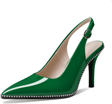Green Slingback Pointed Toe Rhinestone Stiletto Ankle Strap Heels-Plus Size Dream Girl