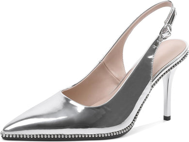 Silver Slingback Pointed Toe Rhinestone Stiletto Ankle Strap Heels-Plus Size Dream Girl