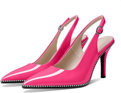 Hot Pink Slingback Pointed Toe Rhinestone Stiletto Ankle Strap Heels-Plus Size Dream Girl