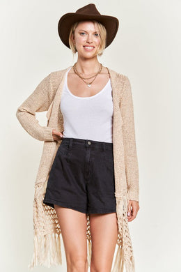 Plus Size Cream Fringe Knit Long Sleeve Cardigan-Plus Size Dream Girl