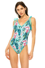 Load image into Gallery viewer, Turquoise Tie Shoulder White Tropical One Piece Swimsuit-Plus Size Dream Girl
