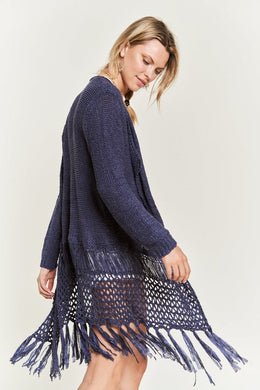 Plus Size Denim Blue Fringe Knit Long Sleeve Cardigan-Plus Size Dream Girl