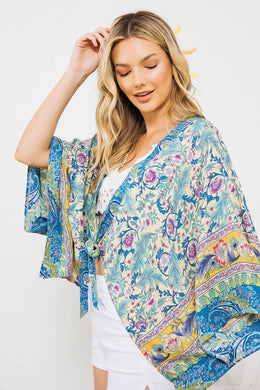 Turquoise Floral Squared Open Kimono Cardigan-Plus Size Dream Girl