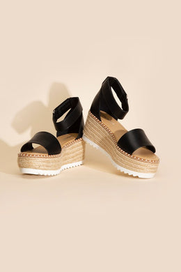 Black Platform Raffia Open Toe Ankle Strap Sandals-Plus Size Dream Girl