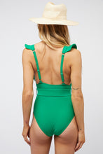 Load image into Gallery viewer, Belted Green Ruffle Sleeve One Piece Swimsuit-Plus Size Dream Girl
