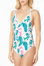 Load image into Gallery viewer, Turquoise Tie Shoulder White Tropical One Piece Swimsuit-Plus Size Dream Girl

