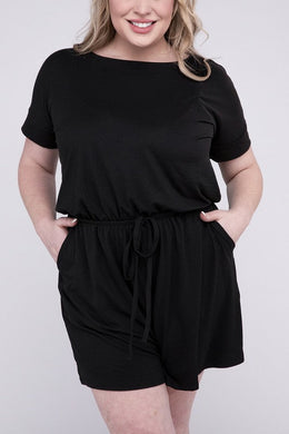 Plus Size Casual Black Short Sleeve Drawstring Shorts Romper with Pockets-Plus Size Dream Girl