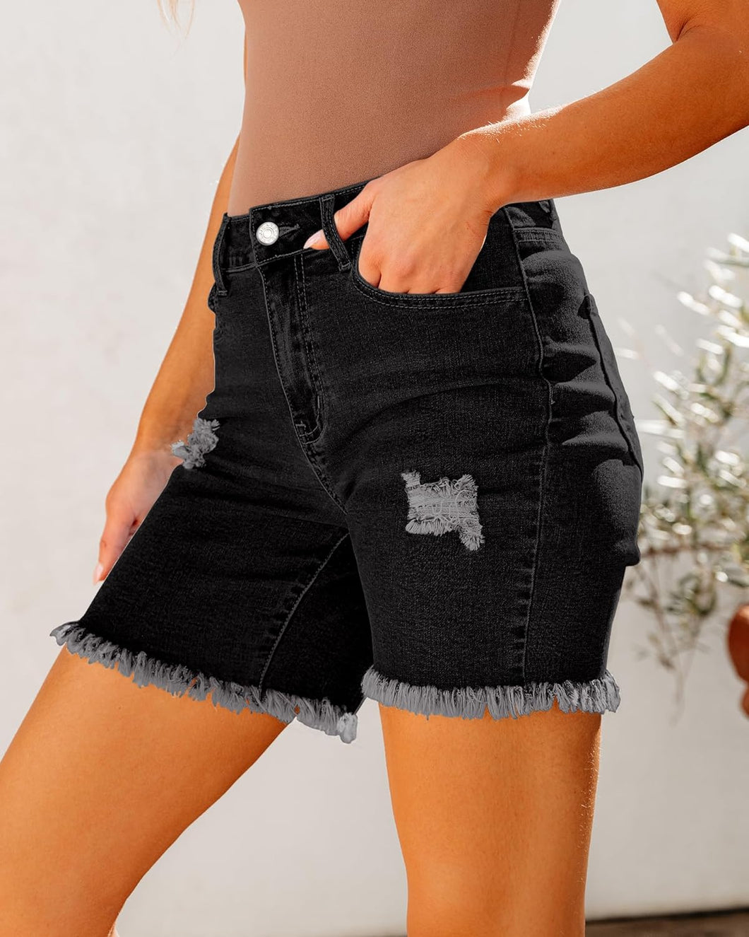 Black Denim High Waist Long Shorts-Plus Size Dream Girl