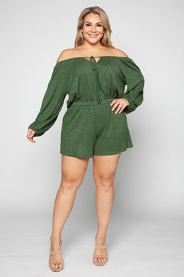 Plus Size Green Off Shoulder Long Sleeve Shorts Romper-Plus Size Dream Girl