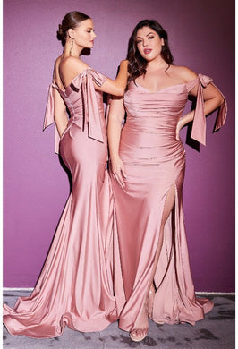 Curvy Princess Off Shoulder Champagne Pink Satin Maxi Gown-Plus Size Dream Girl