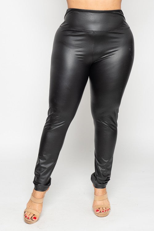 Plus Size Black Embossed PU Faux Leather Leggings-Plus Size Dream Girl