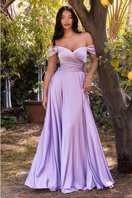 Plus Size Lavender Satin A Line Off Shoulder Gown w/Slit-Plus Size Dream Girl