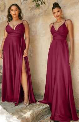 Plus Size Gianna Satin Sleeveless Burgundy Red Cascading Designer Gown-Plus Size Dream Girl