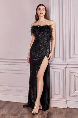 Plus Size Black Sequined Embellished Strapless Feather Designer Gown-Plus Size Dream Girl