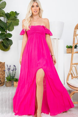 Fuchsia Pink High Slit Short Sleeve Ruffled Maxi Dress-Plus Size Dream Girl