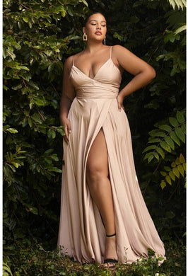 Plus Size Gianna Satin Sleeveless Champagne Gold Cascading Designer Gown-Plus Size Dream Girl