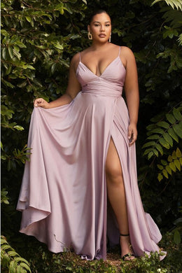 Plus Size Gianna Satin Sleeveless Soft Pink Cascading Designer Gown-Plus Size Dream Girl