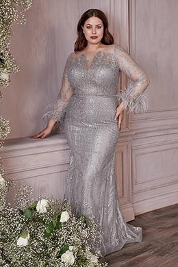 Plus Size Feathered Silver Sequin Embroidered Long Sleeve Mesh Gown-Plus Size Dream Girl