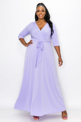 Sweet Cherie Lavender 3/4 Sleeve Belted Knit Wrap Maxi Dress-Plus Size Dream Girl