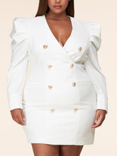 Load image into Gallery viewer, Plus Size White Puff Sleeve Gold Button Mini Dress-Plus Size Dream Girl
