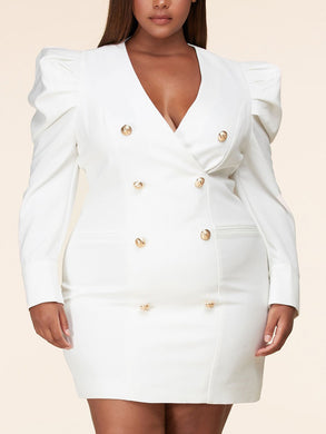 Plus Size White Puff Sleeve Gold Button Mini Dress-Plus Size Dream Girl