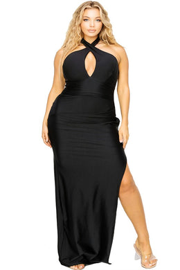 Plus Size Black Soft Satin Halter Maxi Dress-Plus Size Dream Girl