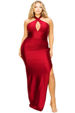 Plus Size Red Soft Satin Halter Maxi Dress-Plus Size Dream Girl